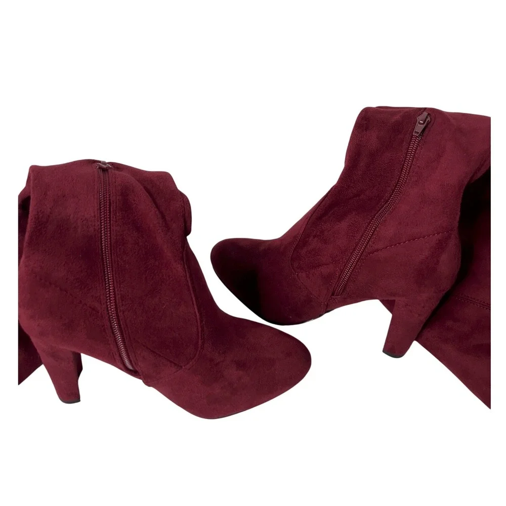 Burgundy Faux Suede Over‎ The Knee Block Heel Boots Pointed Toe Wine Red Size 7